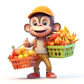 3d rendered illustration of monkey cartoon character with a basket of fruits