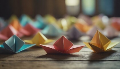  colorful paper origami on wooden table 