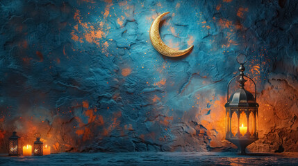 eid el feter decoration mystical moonlit lanterns night - obrazy, fototapety, plakaty