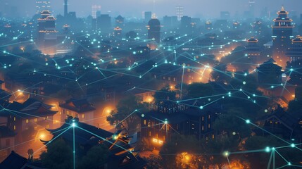 Urban Network Integration: A Majestic Evening City with Vibrant Network Pathways Illuminating the Skyline. - obrazy, fototapety, plakaty