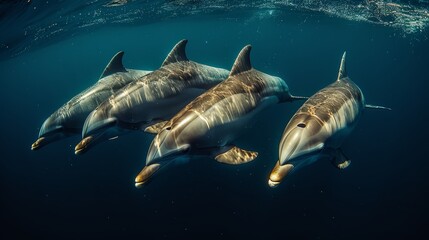   Three dolphins swim in a body of water, producing bubbles at its bottom and surface