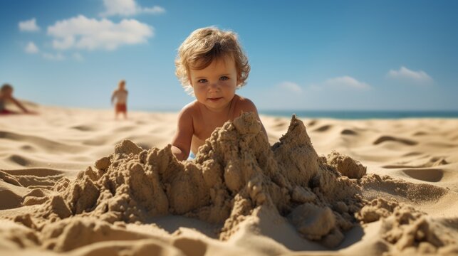 A happy blond kid sits on the beach and is busy building a sand castle, with a huge blue ocean stretching behind .