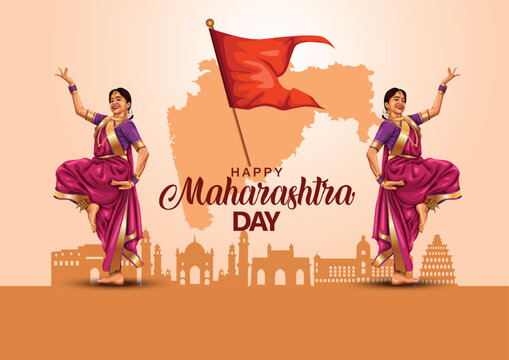 happy Maharashtra Day with Maharashtra map and lavani dance. abstract vector illustration design