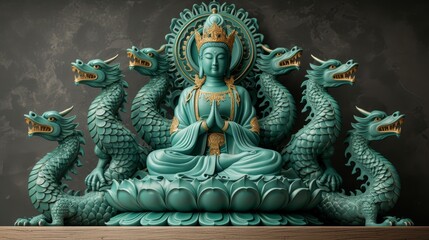 Fototapeta premium A Buddha statue, encircled by green dragon figurines, rests atop a wooden table Darkness looms behind a backdrop wall