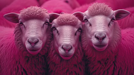   A herd of sheep stands together on a pink-carpeted floor covering