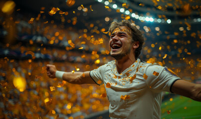 Professional male soccer player celebrating the championship win - Big arena and crowd with flying...