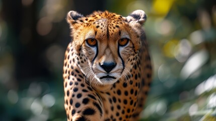   A tight shot of a cheetah's expressive face while it strides along a tree-lined path