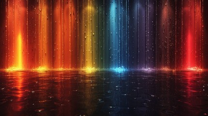   A rainbow-hued backdrop with water mirroring rainbow hues and light reflections