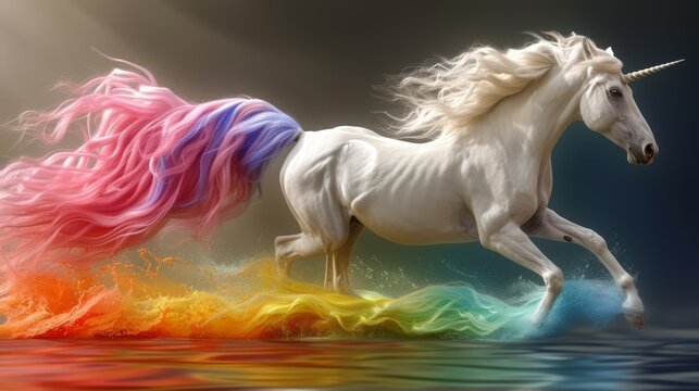  unicorn gallops across water, rainbow mane against black backdrop
