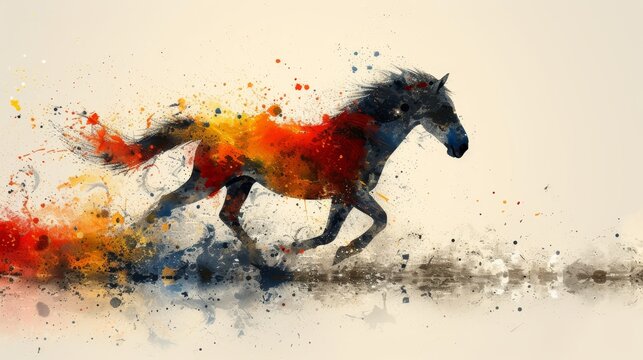   A painting of a galloping horse with an orange and red paint splash on its body and tail