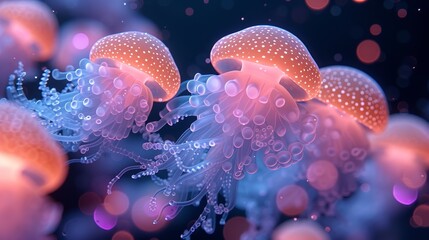 Obraz premium A group of jellyfish hover above a blue-pink sea anemone through a microscope lens