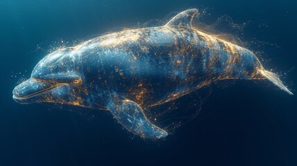 Fototapeta premium Dolphin swimming in lit-up water, side illuminated by numerous lights