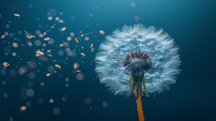   A dandelion floats against a dark blue backdrop, wet drops clinging to its petals as a gentle breeze stirs