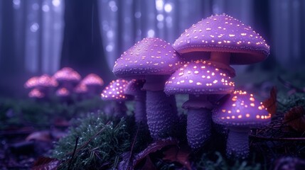   A cluster of purple mushrooms sits atop a verdant forest, adorned with numerous small white LED lights - obrazy, fototapety, plakaty