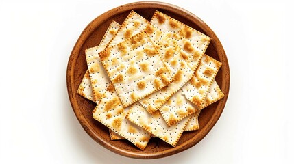 top view of matza in a ceramic plate cut out on white background