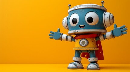 Naklejka premium A blue-and-yellow robot poses before a yellow wall Arms extended, it gazes with wide-open eyes One hand elevated