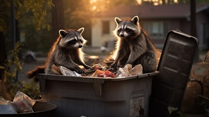 Two adorable raccoons with furry paws and mischievous eyes peer into a trash can in a suburban...
