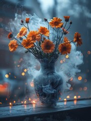 A vase of flowers where the petals are replaced by smoke, depicting dying nature in polluted cities, blur background.