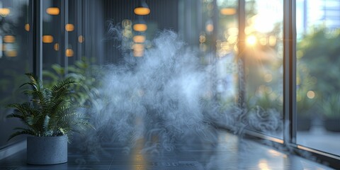 An office with windows that can't be seen through due to pollution, indicating indoor air quality issues, blur background