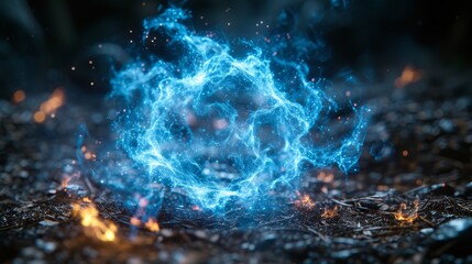   A tight shot of a blue orb-like flame against a pitch-black backdrop, with a hazy representation of a ball of fire embedded in its core