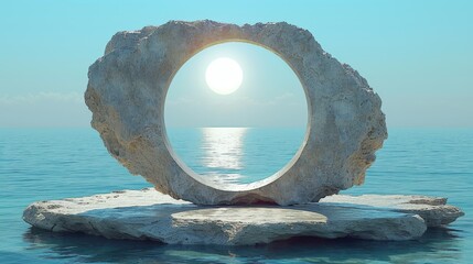   A sizable stone protrudes from the center of a water body, surrounded by an ocean backdrop where the sun resides - obrazy, fototapety, plakaty