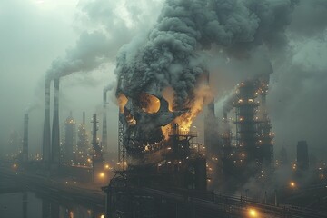 Factories with playful smoke shapes that reveal skulls upon closer inspection, campaign for air pollution, blur background. - obrazy, fototapety, plakaty