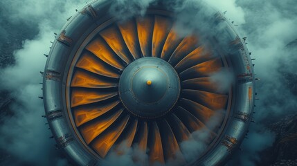   A large jet engine floats in a cloud-filled sky, emitting steam from its core