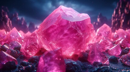   A tight shot of a rose-hued diamond atop a rocky mound, against a backdrop of a clear blue sky