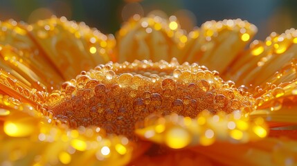   A tight shot of a yellow flower, adorned with water droplets on its petals, against a softly blurred backdrop
