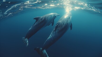   Two dolphins swim in the ocean, where sunlight breaks through both the water's surface and bottom