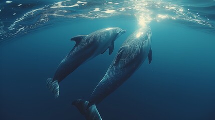 Naklejka premium Two dolphins swim in the ocean, where sunlight breaks through both the water's surface and bottom