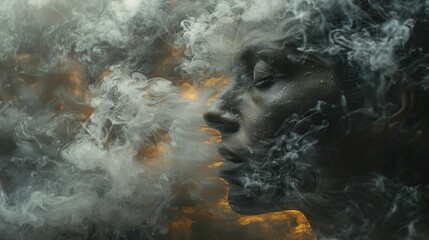 Brain clouded by smoke, set against a dark background, illustrating the detrimental effects of smoking on mental health. - obrazy, fototapety, plakaty