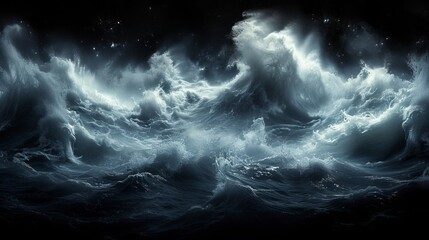   A monochrome image of a vast ocean wave, star-speckled night sky above, and a fully illuminated...