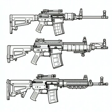 set of machine gun black outline white illustration