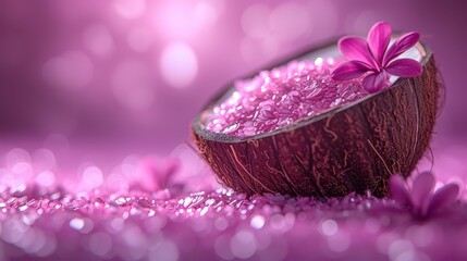   A coconut shell up-close, adorned with a flower on its peak, surrounded by pink glitter
