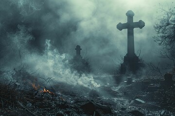 In the eerie cemetery, smoke billowed amidst the darkness, a poignant reminder of lives lost to smoking-related deaths. - obrazy, fototapety, plakaty