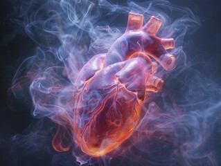Heart entangled in smoke against a black background, illustrating the toll of smoking on heart health.