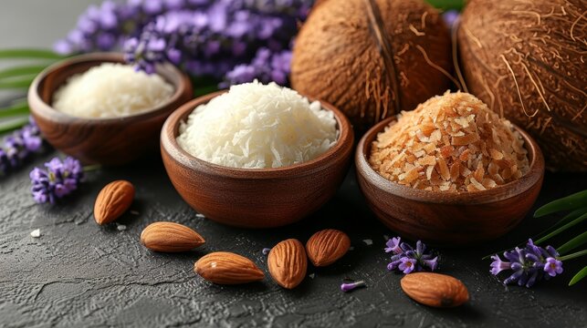 Two wooden bowls, brimming with rice, sit alongside almonds and purple blooms on a dark stone countertop - Powered by Adobe