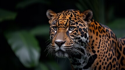   A tight shot of a leopard's face against a dark backdrop, featuring a nearby green, foliage-dense foreground
