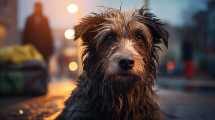 Street dog with dripping coat lounges on pavement, buildings bathed in morning light beyond. Concept: helping homeless animals. - obrazy, fototapety, plakaty