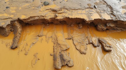   A tight shot of mud and stones in a muddied region, with water emerging from the rocks' summit