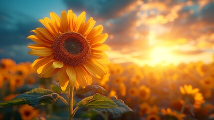 Fototapeta premium A sunflower amongst sunflowers, blue sky overhead, foreground clouds