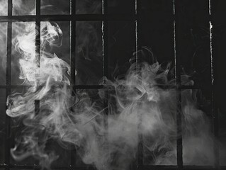 In the eerie darkness, wisps of smoke coil into a cage, a haunting portrayal of addiction's suffocating grip. - obrazy, fototapety, plakaty