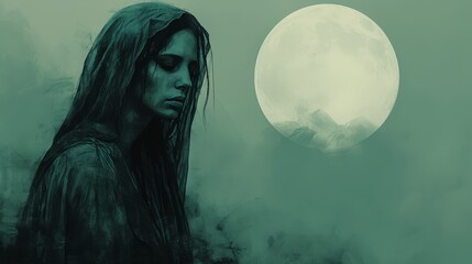 Fototapeta premium Woman before full moon, hair flowing, eyes shut