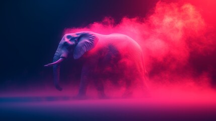   An elephant stands amidst a pink-blue smoke cloud, its trunk and tusks embedded within - obrazy, fototapety, plakaty