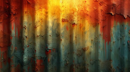   A tight shot of weathered metal, displaying orange and green light streaks originating from above - obrazy, fototapety, plakaty