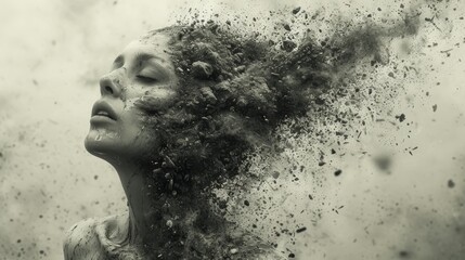   A monochrome image of a woman's visage with copious amounts of smoke emerging from her tresses - obrazy, fototapety, plakaty