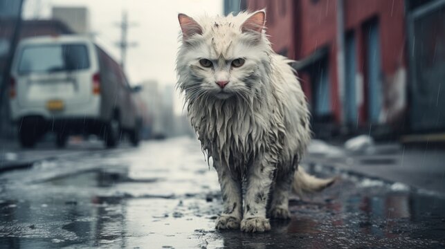 Resilient feline with white fur braves the rain on desolate urban roads, solitude evident. Concept: problems of homeless animals.