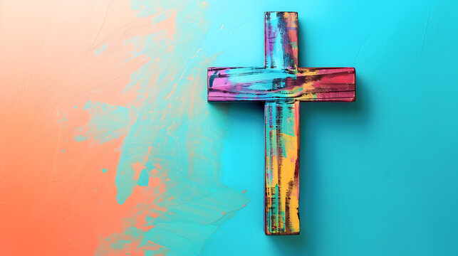 Colorful christian cross, religion themed background design for crucifix cross, Christianity, prayer