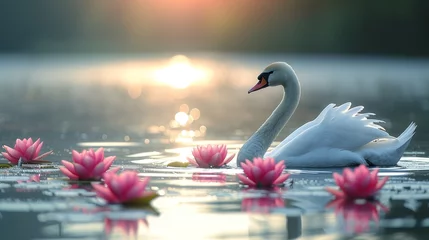 Foto op Canvas   A white swan floats atop tranquil water, enveloped by pink water lilies Sun casts golden glow behind © Wall